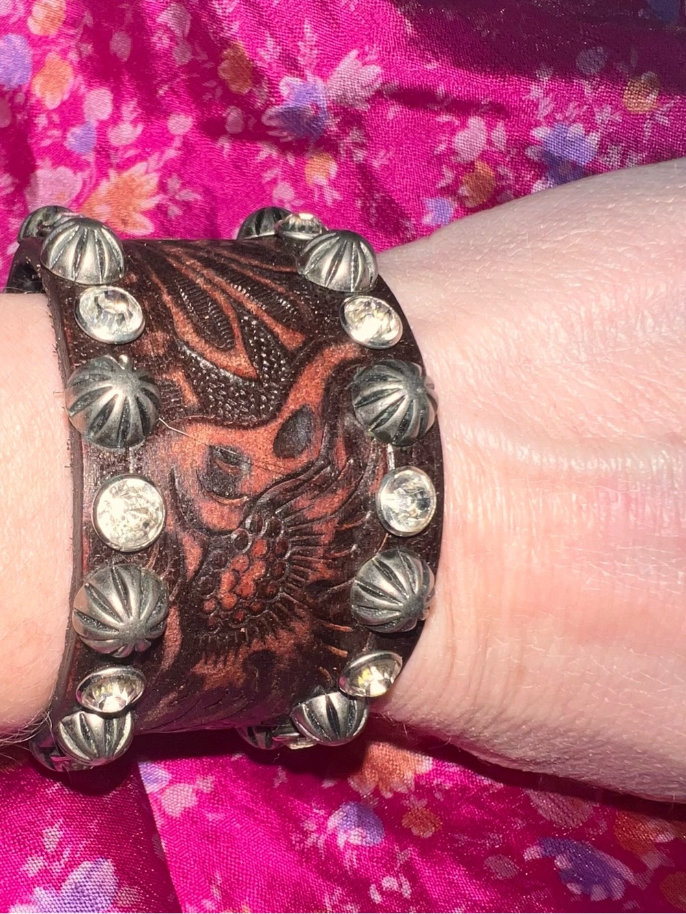 Source Unknown Brown Tooled Leather Studded Bracelet with Clear Accents